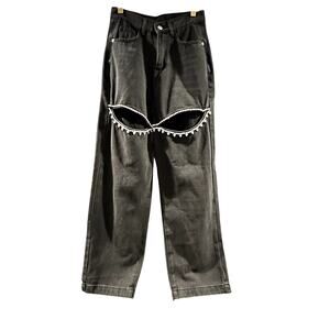 Monvess - High-Waisted Jeans with Diamond Embellishments - Black - Small